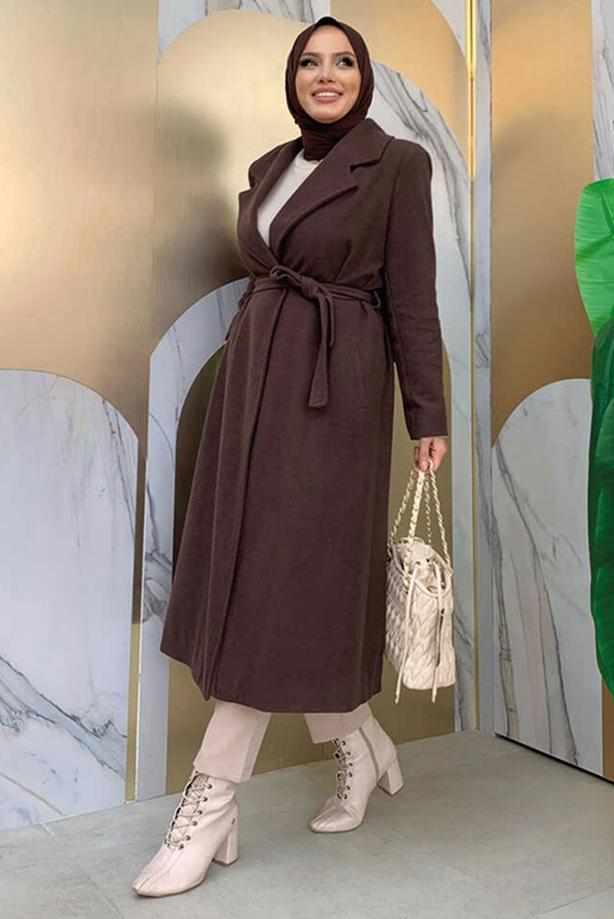 Hijab clothing BROWN PLUS SIZE BELTED COAT T 9157-1 - TRENDTESETTÜR