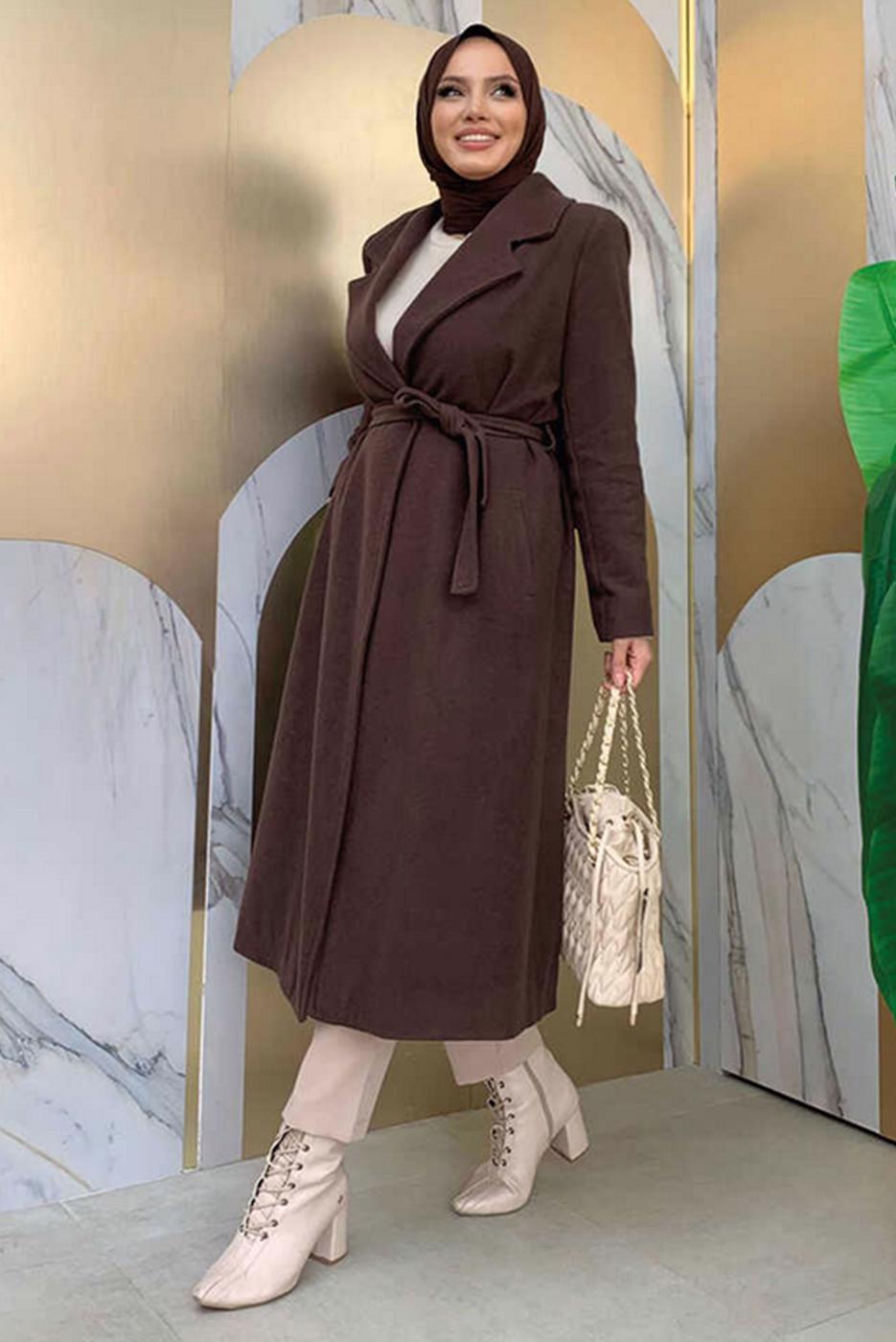 Tesettür giyim KAHVE BÜYÜK BEDEN KAŞE KABAN T 9157-1