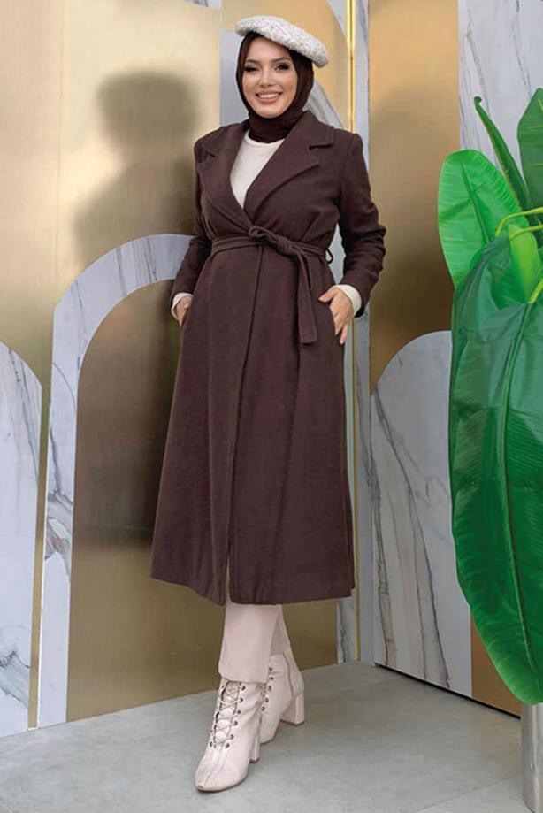 Hijab clothing BROWN PLUS SIZE BELTED COAT T 9157-1 - TRENDTESETTÜR