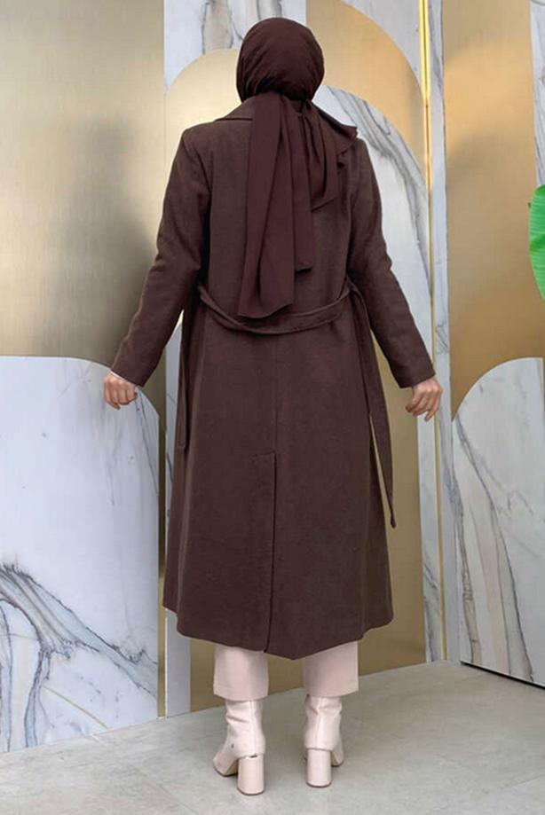 Hijab clothing BROWN PLUS SIZE BELTED COAT T 9157-1 - TRENDTESETTÜR