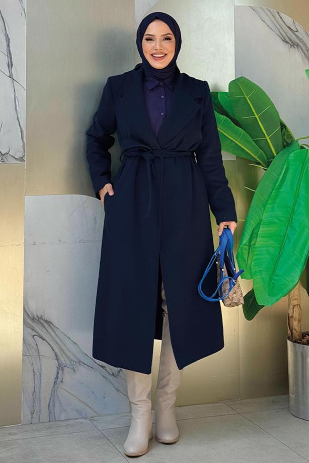 Vêtements hijab BLEU MARINE MANTEAU CEINTURÉ GRANDE TAILLE T 9157-1 - TRENDTESETTÜR