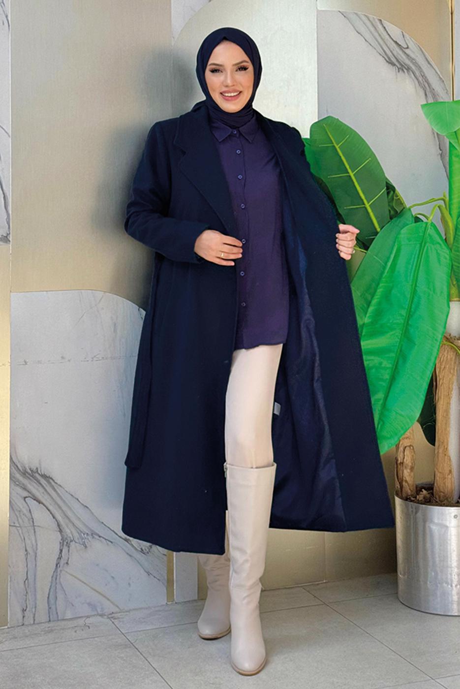 Vêtements hijab BLEU MARINE MANTEAU CEINTURÉ GRANDE TAILLE T 9157-1