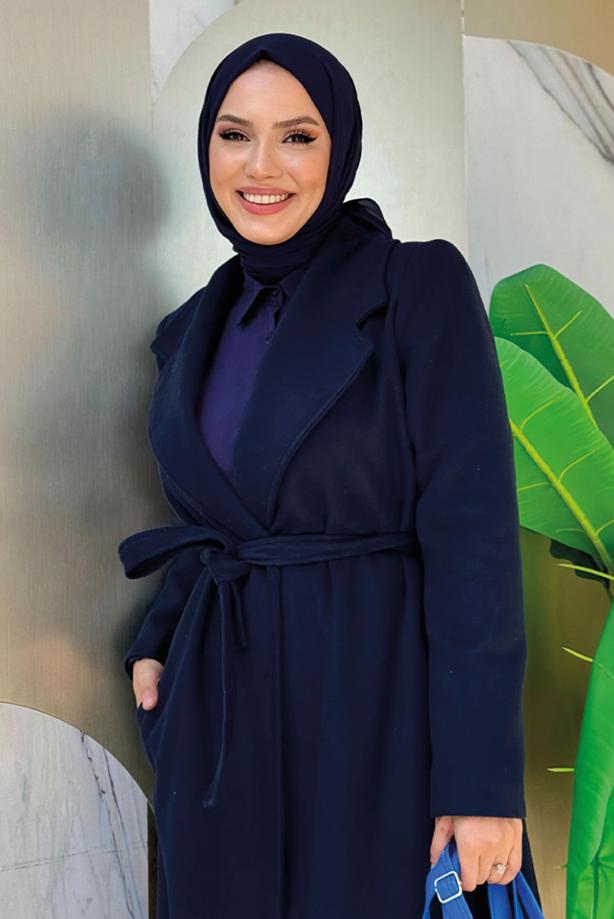 Vêtements hijab BLEU MARINE MANTEAU CEINTURÉ GRANDE TAILLE T 9157-1 - TRENDTESETTÜR