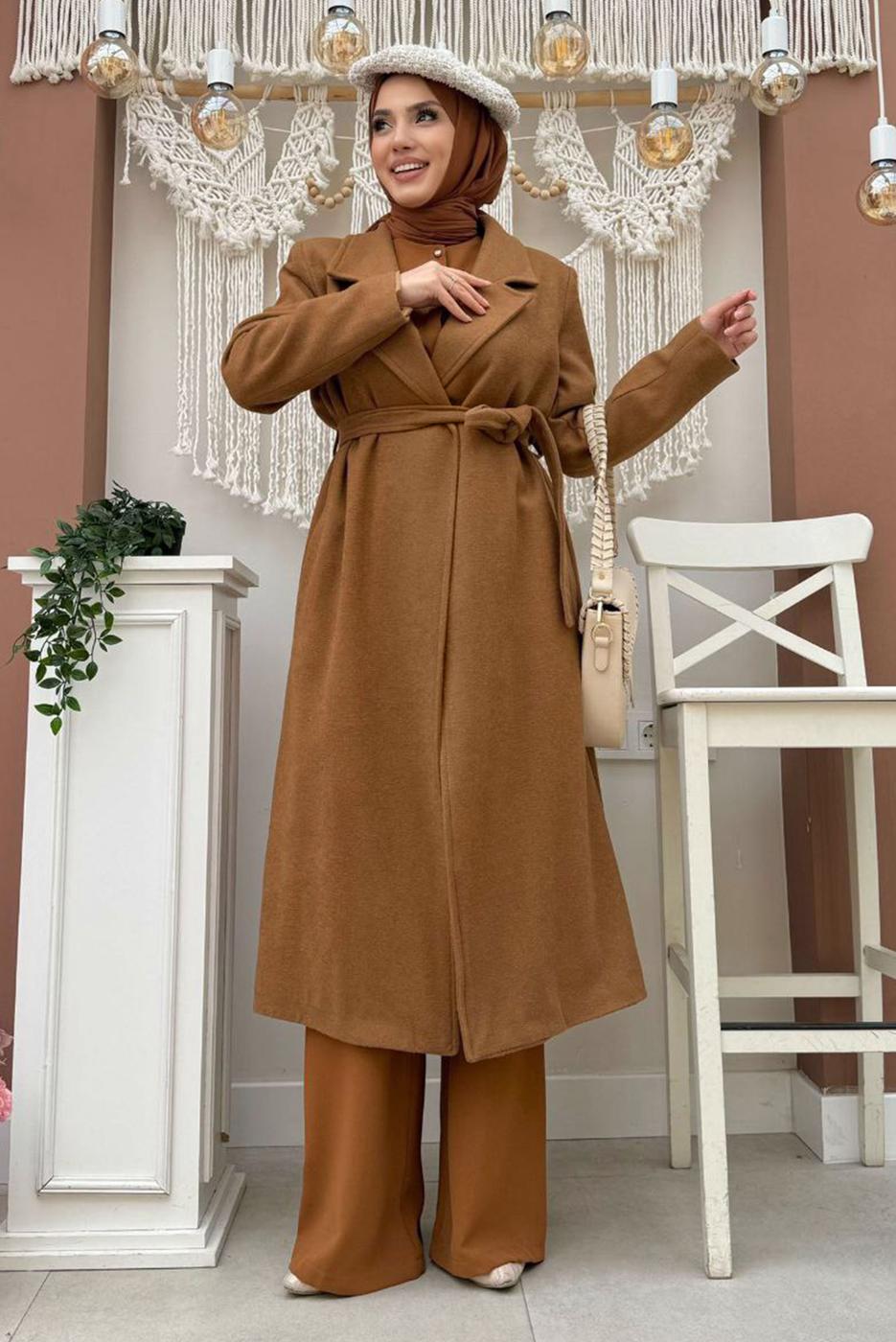 Tesettür giyim TABA BÜYÜK BEDEN KAŞE KABAN T 9157-1