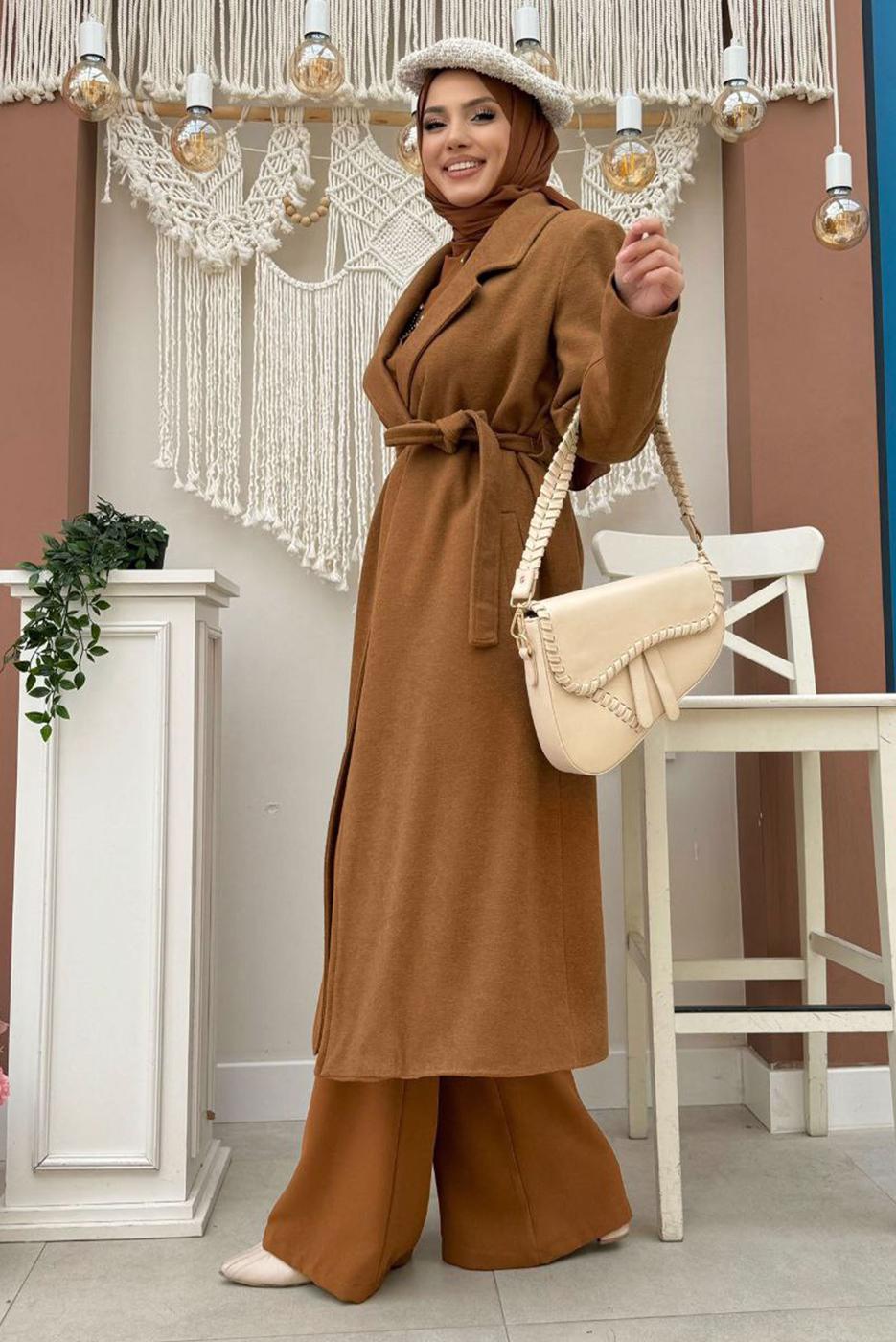 Tesettür giyim TABA BÜYÜK BEDEN KAŞE KABAN T 9157-1