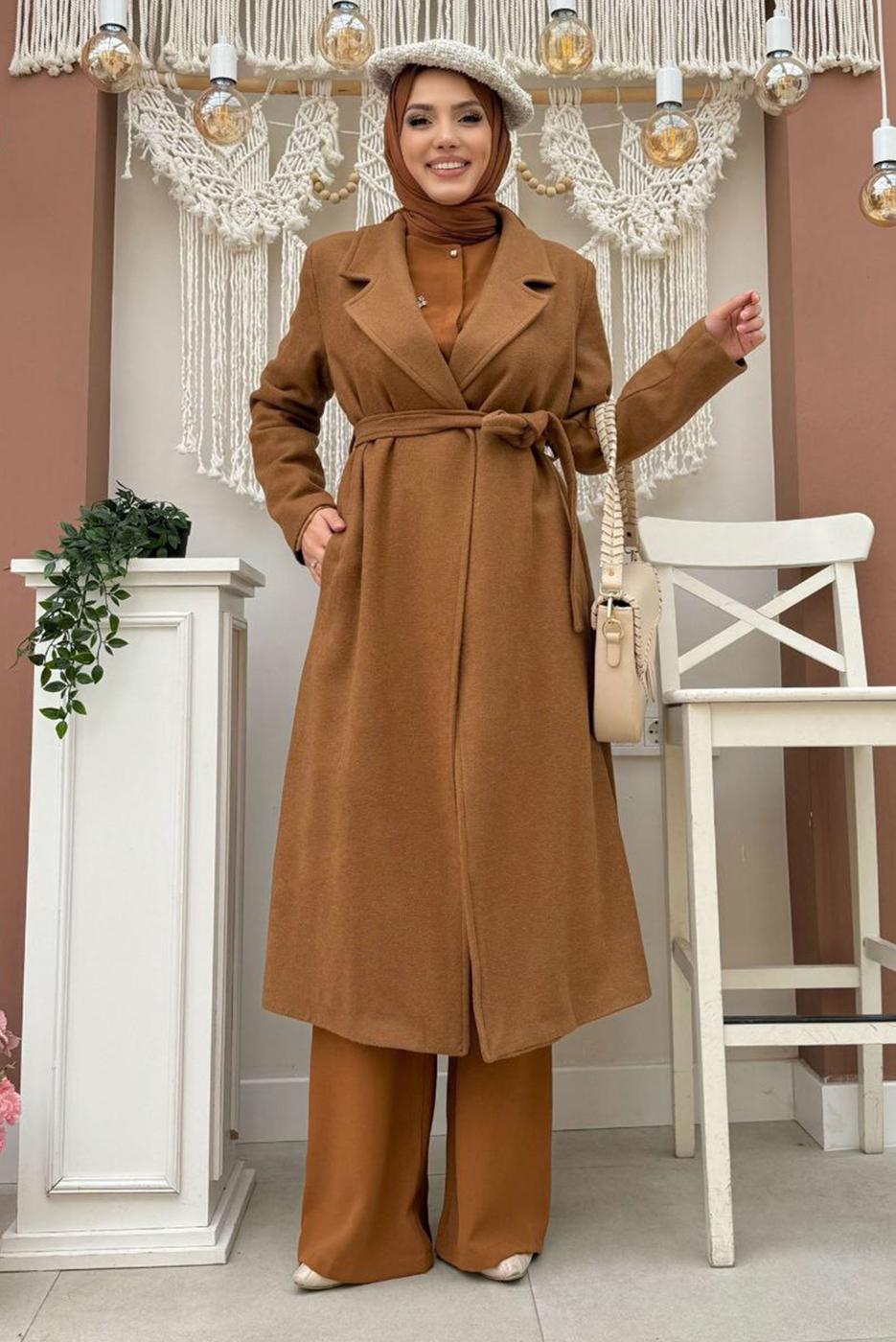 Tesettür giyim TABA BÜYÜK BEDEN KAŞE KABAN T 9157-1