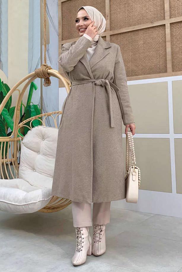 Hijab clothing MINK PLUS SIZE BELTED COAT T 9157-1 - TRENDTESETTÜR