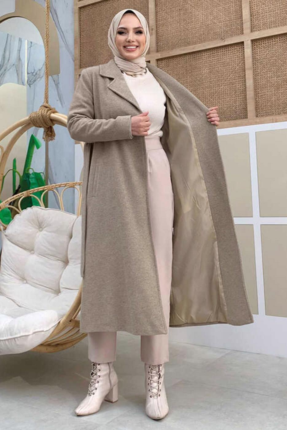 Tesettür giyim VİZON BÜYÜK BEDEN KAŞE KABAN T 9157-1