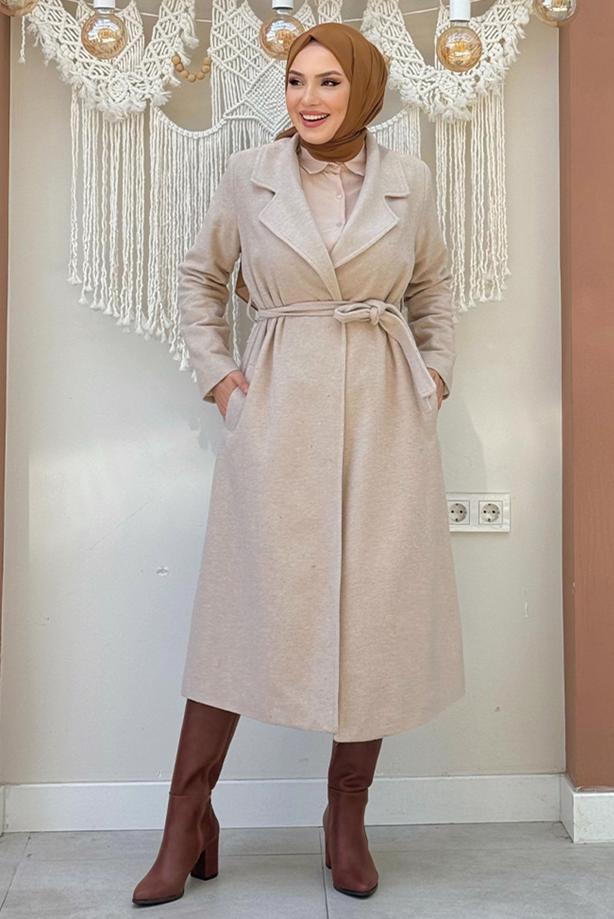 Vêtements hijab BEIGE MANTEAU CEINTURÉ GRANDE TAILLE T 9157-1 - TRENDTESETTÜR