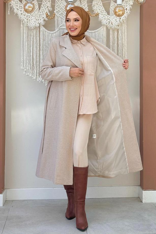 Vêtements hijab BEIGE MANTEAU CEINTURÉ GRANDE TAILLE T 9157-1 - TRENDTESETTÜR