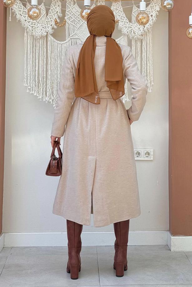 Vêtements hijab BEIGE MANTEAU CEINTURÉ GRANDE TAILLE T 9157-1 - TRENDTESETTÜR