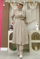Tesettür giyim BEJ KUŞAKLI KAŞE KABAN T 9157