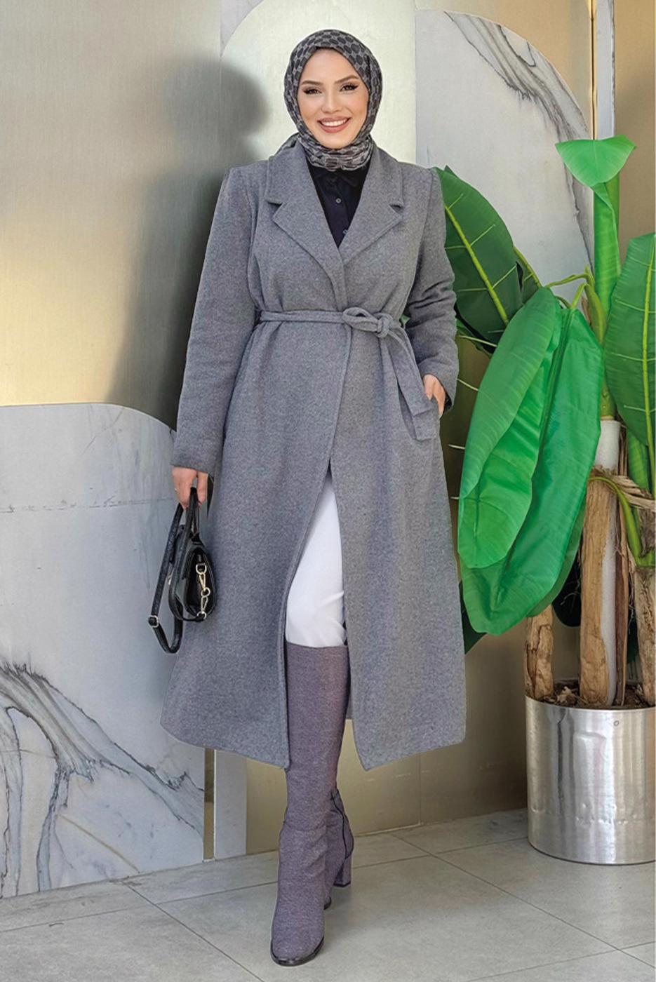 Tesettür giyim GRİ KUŞAKLI KAŞE KABAN T 9157