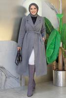 Tesettür giyim GRİ KUŞAKLI KAŞE KABAN T 9157