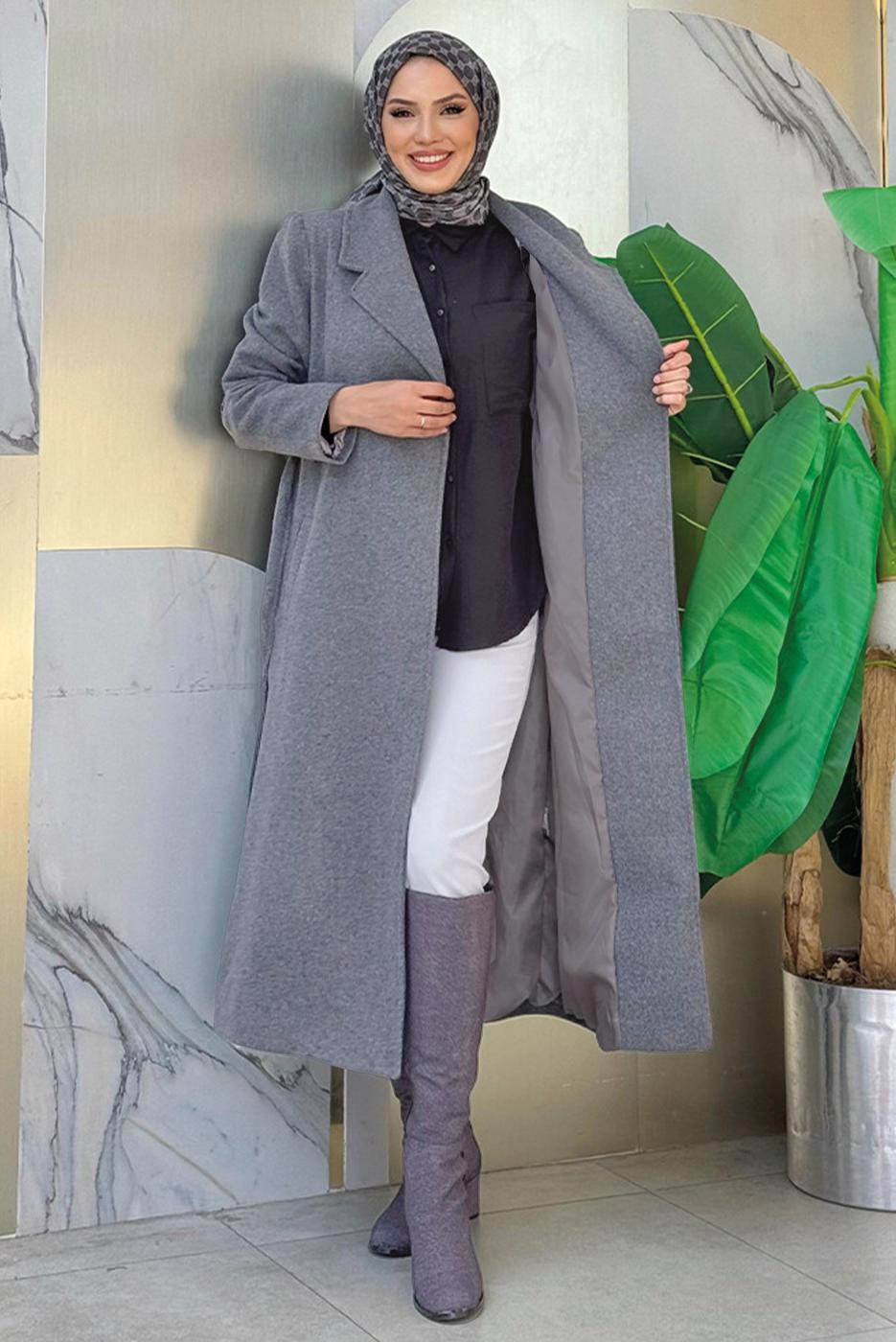 Tesettür giyim GRİ KUŞAKLI KAŞE KABAN T 9157