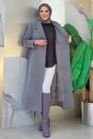 Tesettür giyim GRİ KUŞAKLI KAŞE KABAN T 9157