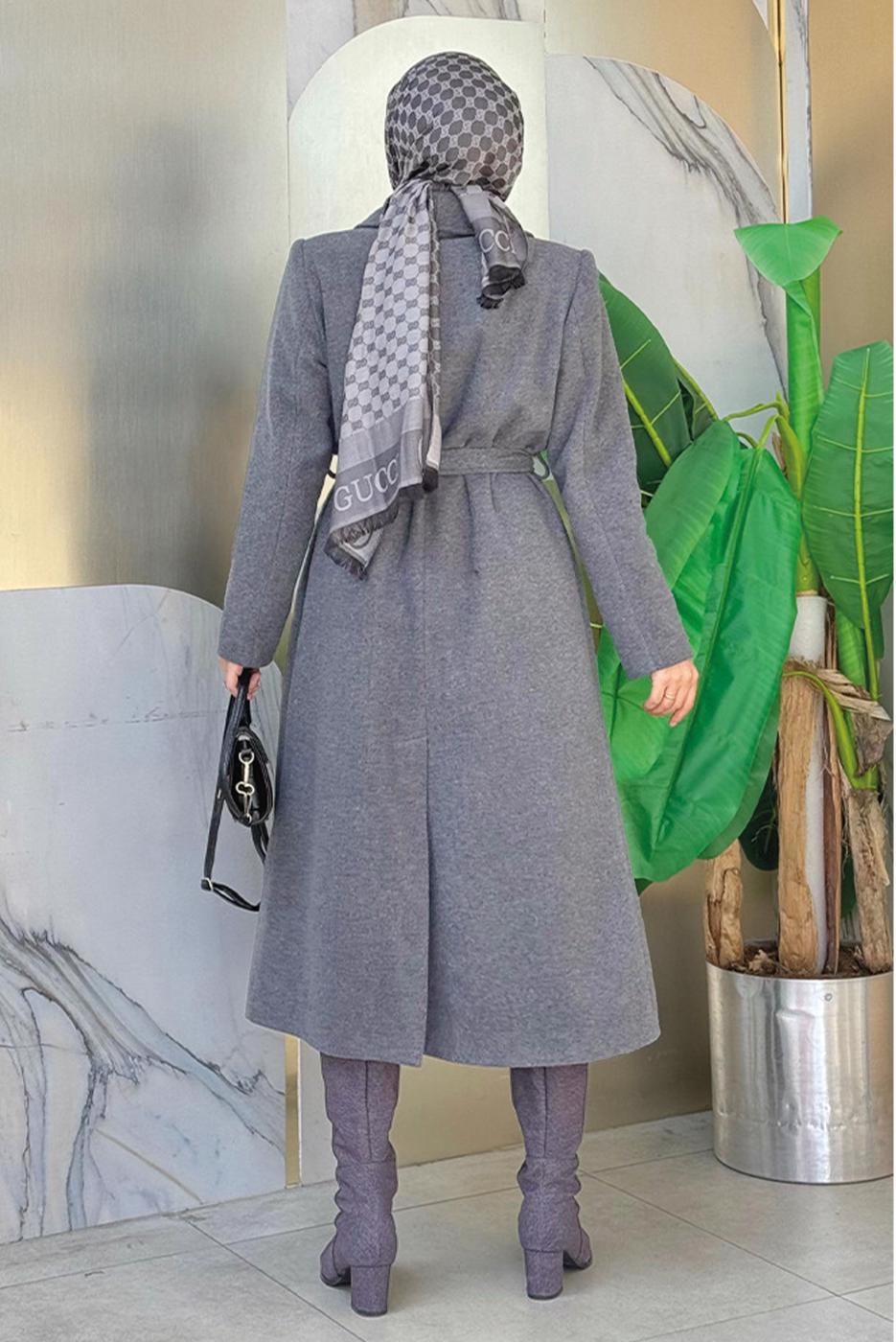 Tesettür giyim GRİ KUŞAKLI KAŞE KABAN T 9157