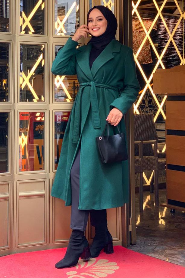 Hijab clothing GREEN BELTED COAT T 9157 - TRENDTESETTÜR