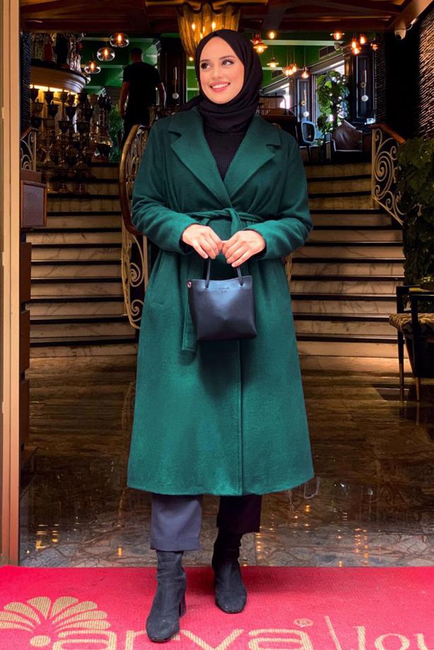 Hijab clothing GREEN BELTED COAT T 9157 - TRENDTESETTÜR