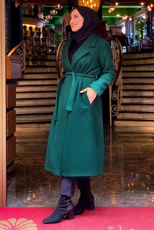 Hijab clothing GREEN BELTED COAT T 9157 - TRENDTESETTÜR