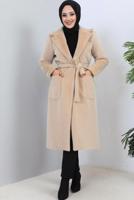 Tesettür giyim BEJ KUŞAKLI KÜRK KABAN T 9601