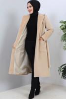 Tesettür giyim BEJ KUŞAKLI KÜRK KABAN T 9601