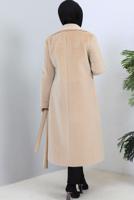 Tesettür giyim BEJ KUŞAKLI KÜRK KABAN T 9601