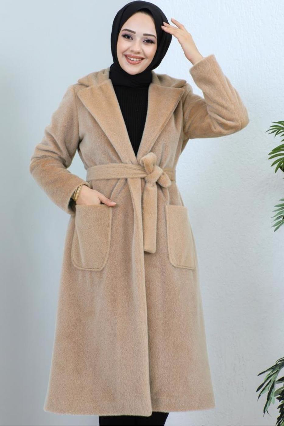 Tesettür giyim KAHVE KUŞAKLI KÜRK KABAN T 9601