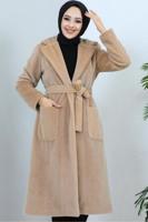 Tesettür giyim KAHVE KUŞAKLI KÜRK KABAN T 9601