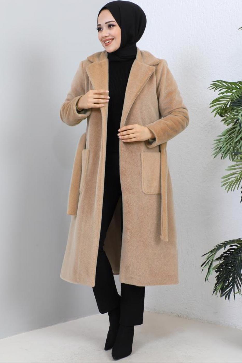 Tesettür giyim KAHVE KUŞAKLI KÜRK KABAN T 9601