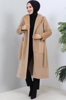 Tesettür giyim KAHVE KUŞAKLI KÜRK KABAN T 9601
