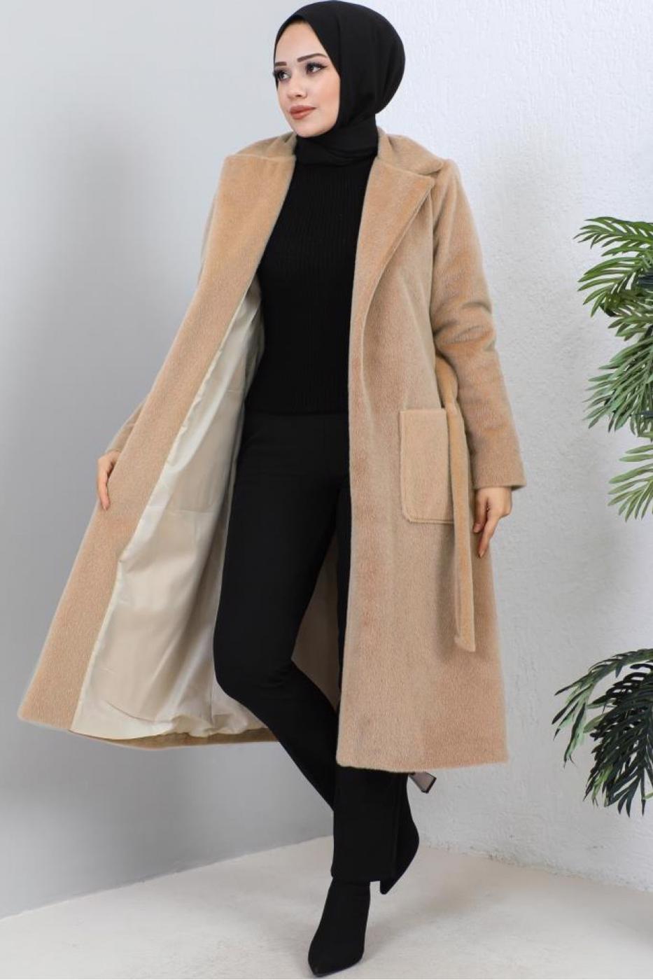 Tesettür giyim KAHVE KUŞAKLI KÜRK KABAN T 9601
