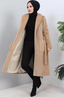 Tesettür giyim KAHVE KUŞAKLI KÜRK KABAN T 9601