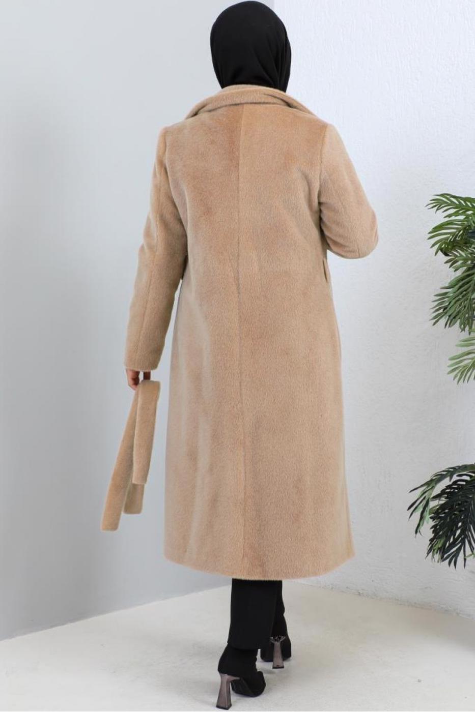 Tesettür giyim KAHVE KUŞAKLI KÜRK KABAN T 9601