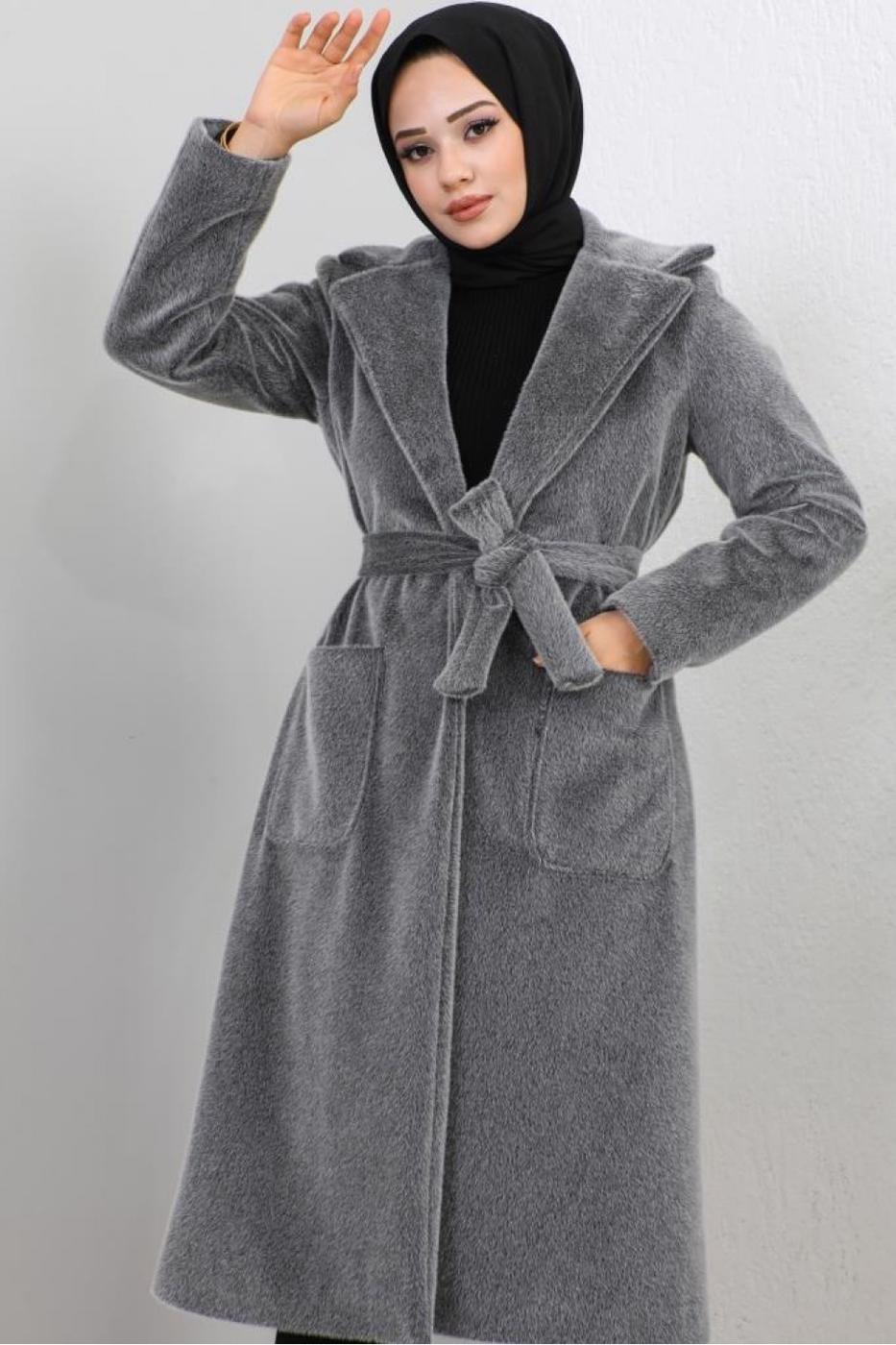 Tesettür giyim GRİ KUŞAKLI KÜRK KABAN T 9601