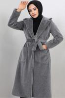 Tesettür giyim GRİ KUŞAKLI KÜRK KABAN T 9601