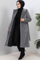 Tesettür giyim GRİ KUŞAKLI KÜRK KABAN T 9601
