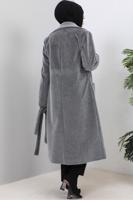 Tesettür giyim GRİ KUŞAKLI KÜRK KABAN T 9601