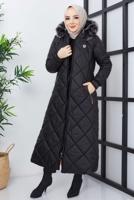 Tesettür giyim SİYAH KAPÜŞONLU FERMUARLI CEPLİ MANTO T 017