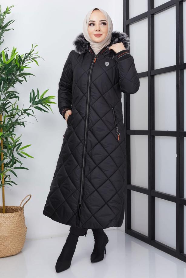 Tesettür giyim SİYAH KAPÜŞONLU FERMUARLI CEPLİ MANTO T 017 - TRENDTESETTÜR