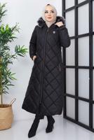 Tesettür giyim SİYAH KAPÜŞONLU FERMUARLI CEPLİ MANTO T 017