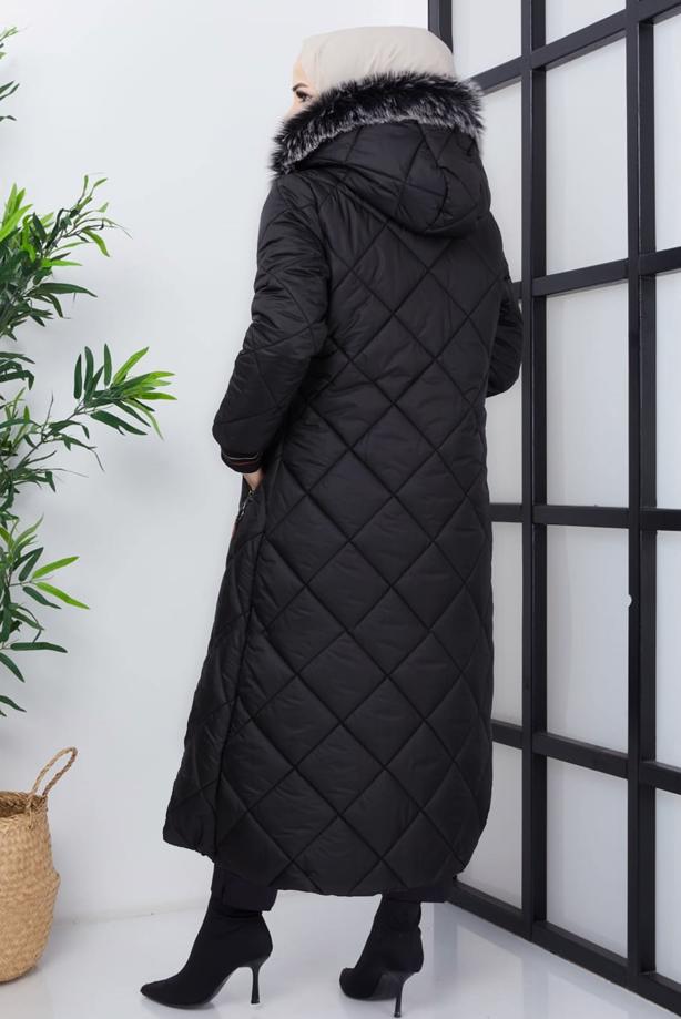 Tesettür giyim SİYAH KAPÜŞONLU FERMUARLI CEPLİ MANTO T 017 - TRENDTESETTÜR