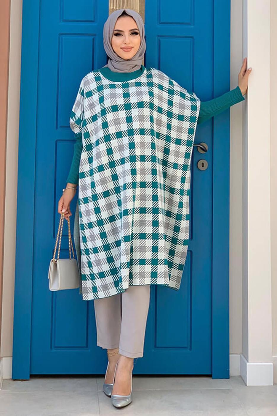 Tesettür giyim MAVİ TRİKO PANÇO T 10222