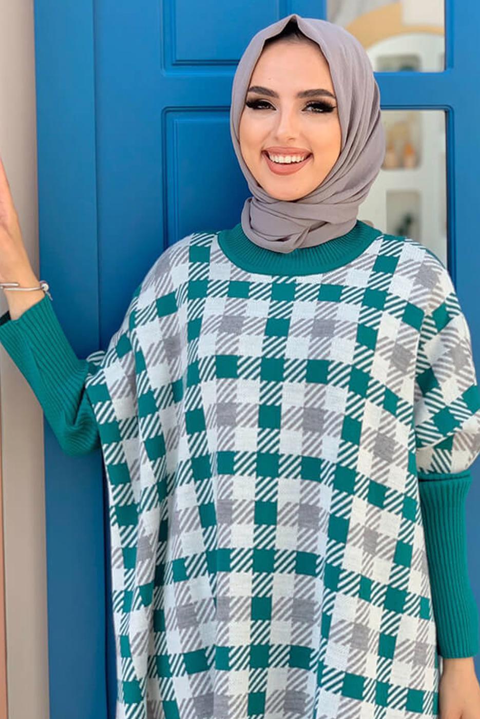 Tesettür giyim MAVİ TRİKO PANÇO T 10222