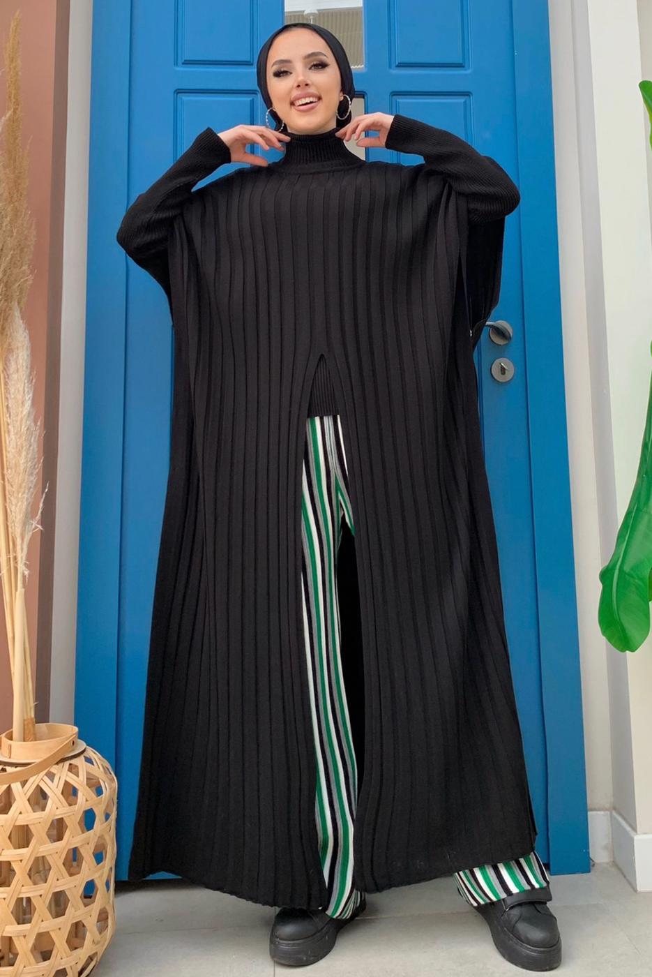 Tesettür giyim SİYAH YARASA KOL BOĞAZLI YAKA TRİKO PANÇO T 04222