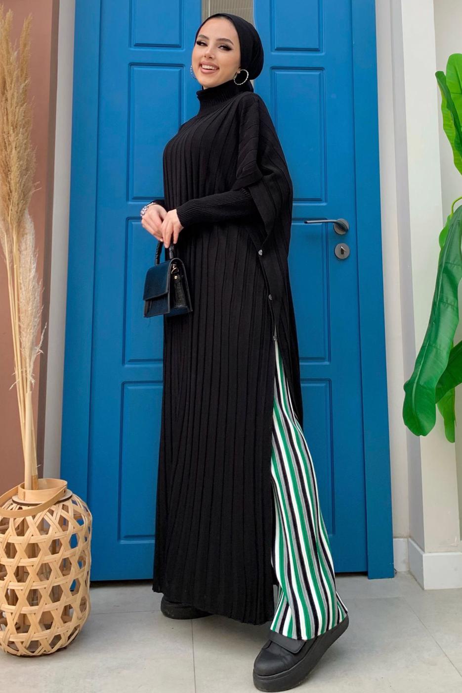 Tesettür giyim SİYAH YARASA KOL BOĞAZLI YAKA TRİKO PANÇO T 04222