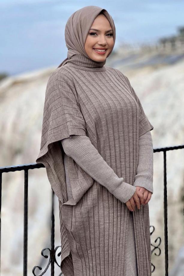 Hijab clothing MINK BAT-WING SLEEVE TURTLENECK KNITWEAR PONCHO T 04222 - TRENDTESETTÜR