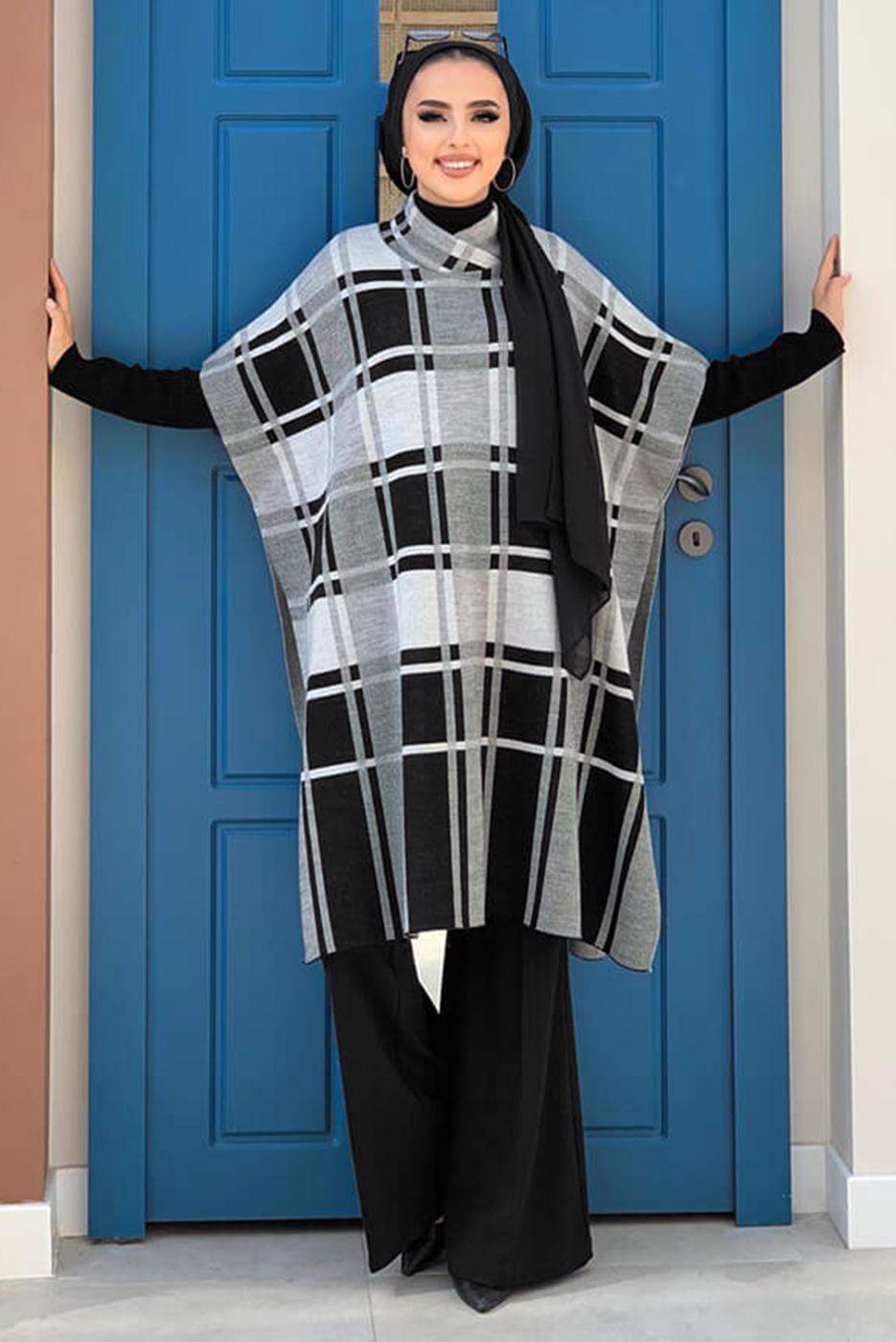 Vêtements hijab NOIR PONCHO TRICOT À CARREAUX T 20222