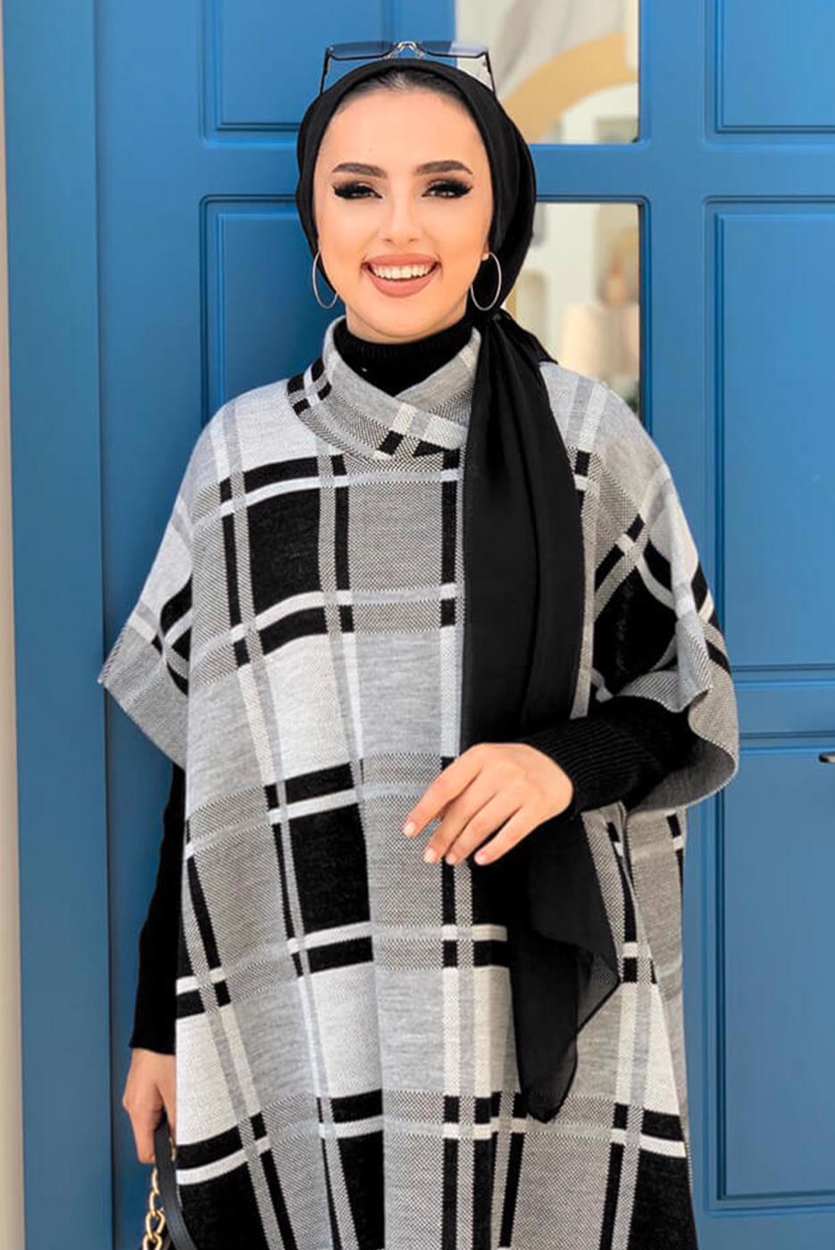 Vêtements hijab NOIR PONCHO TRICOT À CARREAUX T 20222