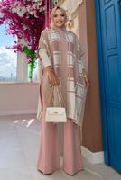 Tesettür giyim EKRU KARELİ TRİKO PANÇO T 20222